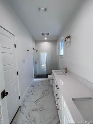 Bathroom, Dual Sink Vanities, Glass Shower, Interior, Marble, Recessed Lighting
