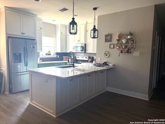 Interior, Kitchen, Pendant Lights, Recessed Lighting, Wood Texture Flooring