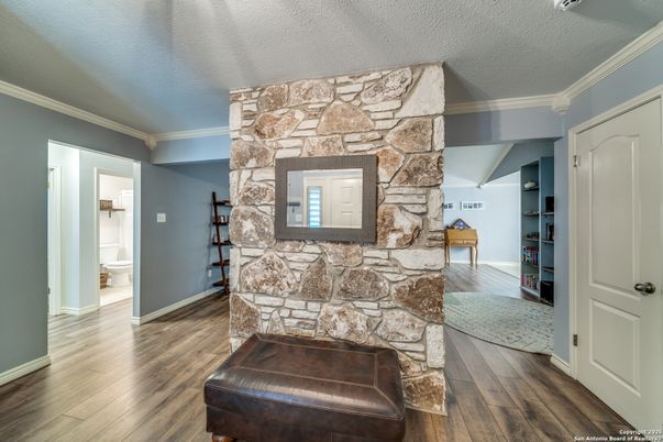 Bathroom, Fireplace, Interior, Stone Walls, Wood Texture Flooring