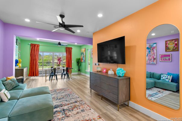 Dining room, Interior, Living room, Recessed Lighting, Wood Texture Flooring
