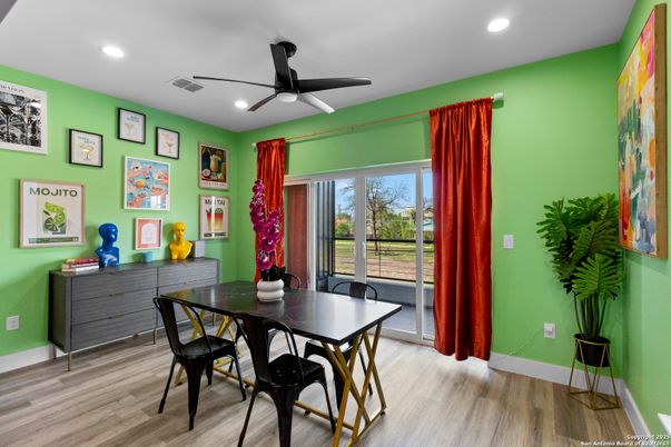 Dining room, Interior, Recessed Lighting, Wood Texture Flooring
