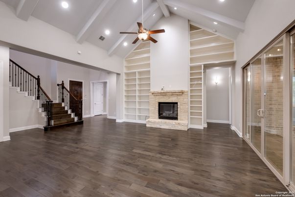 Empty room, Fireplace, Interior, Recessed Lighting, Wood Texture Flooring