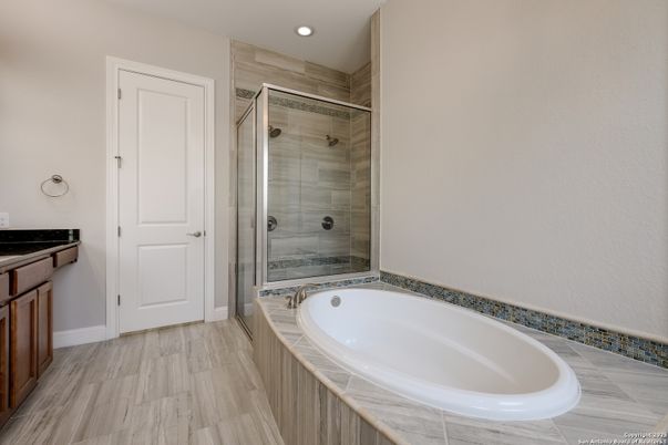 Bathroom, Glass Shower, Interior, Recessed Lighting, Wood Texture Flooring