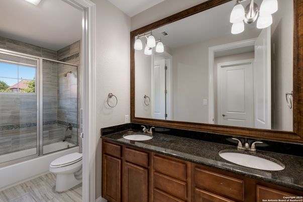 Bathroom, Dual Sink Vanities, Glass Shower, Interior, Wood Texture Flooring