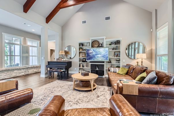 Fireplace, Interior, Living room, Piano, Recessed Lighting, Wooden Beams, Wood Texture Flooring