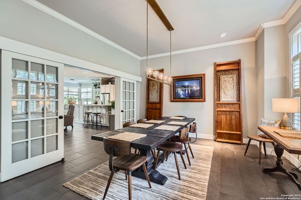 Chandelier, Dining room, Interior, Kitchen, Pendant Lights, Recessed Lighting, Wood Texture Flooring