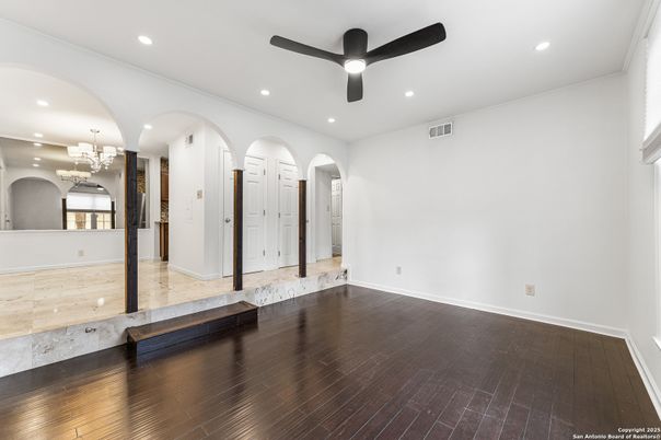Chandelier, Empty room, Interior, Recessed Lighting, Wood Texture Flooring
