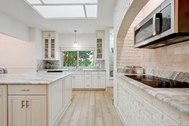 Interior, Kitchen, Pendant Lights, Stone Walls, Wood Texture Flooring