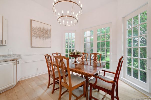 Chandelier, Dining room, Interior, Pendant Lights, Wood Texture Flooring
