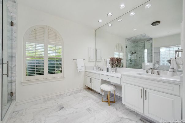 Bathroom, Dual Sink Vanities, Glass Shower, Interior, Marble, Recessed Lighting