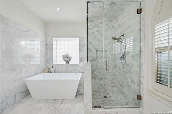 Bathroom, Free Standing Baths, Glass Shower, Interior, Marble, Marble Walls, Recessed Lighting