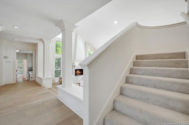 Fireplace, Interior, Recessed Lighting, Wood Texture Flooring