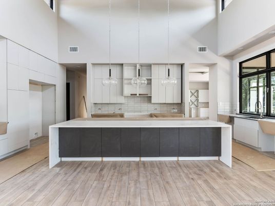 Interior, Kitchen, Pendant Lights, Wood Texture Flooring