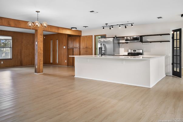 Interior, Kitchen, Pendant Lights, Stainless Steel Appliances, Wood Texture Flooring