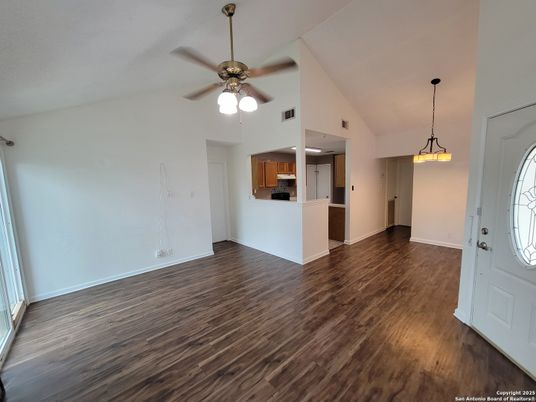 Empty room, Interior, Kitchen, Pendant Lights, Wood Texture Flooring