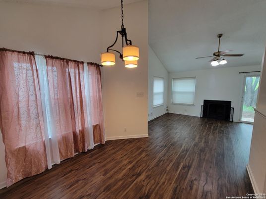 Empty room, Fireplace, Interior, Pendant Lights, Wood Texture Flooring