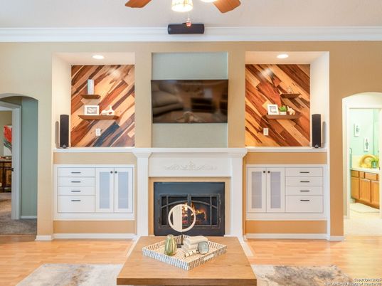 Fireplace, Interior, Recessed Lighting, Wood Texture Flooring