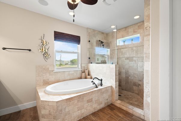 Bathroom, Glass Shower, Interior, Recessed Lighting, Stone Walls, Wood Texture Flooring