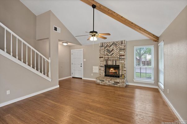 Empty room, Fireplace, Interior, Wooden Beams, Wood Texture Flooring