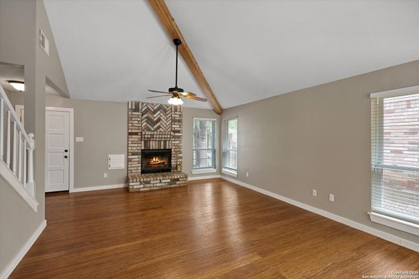 Empty room, Fireplace, Interior, Wooden Beams, Wood Texture Flooring