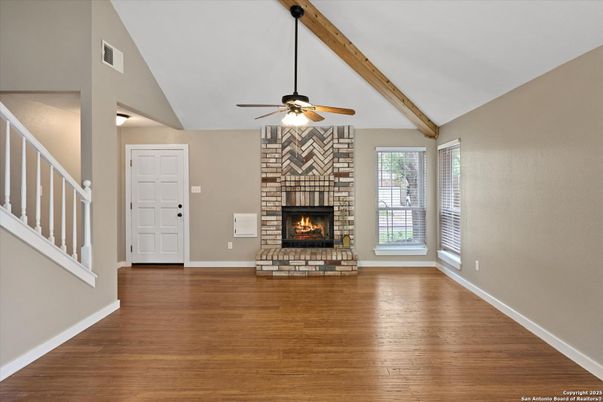 Empty room, Fireplace, Interior, Wooden Beams, Wood Texture Flooring