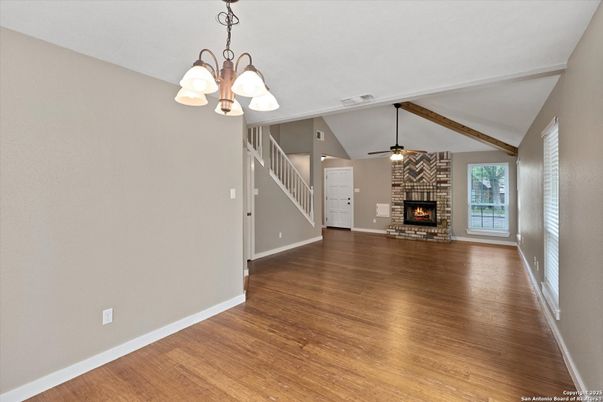 Empty room, Fireplace, Interior, Wooden Beams, Wood Texture Flooring