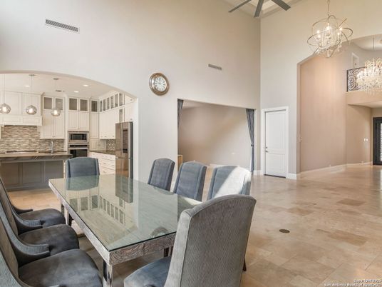Chandelier, Dining room, Interior, Kitchen, Pendant Lights, Recessed Lighting, Stainless Steel Appliances