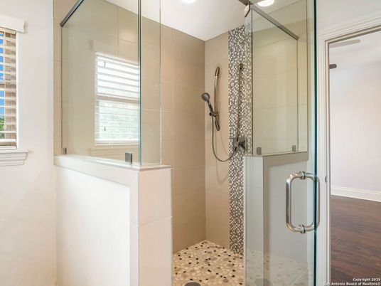 Bathroom, Glass Shower, Interior, Recessed Lighting, Wood Texture Flooring