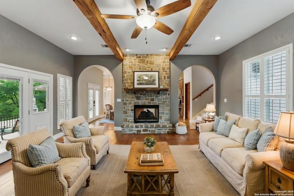 Fireplace, Interior, Living room, Recessed Lighting, Stone Walls, Wooden Beams, Wood Texture Flooring