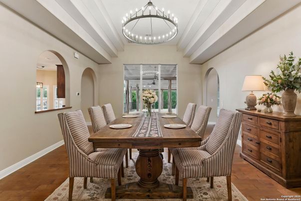 Dining room, Interior, Pendant Lights, Wood Texture Flooring
