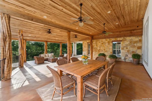Dining room, Interior, Recessed Lighting, Stone Walls, Wooden Ceilings