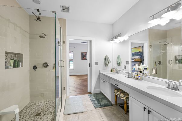 Bathroom, Dual Sink Vanities, Glass Shower, Interior, Wood Texture Flooring