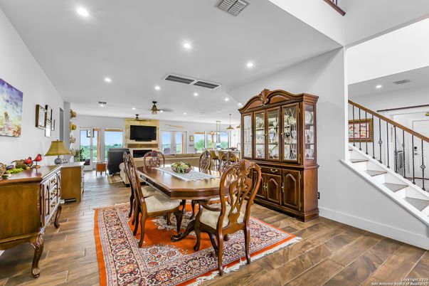 Dining room, Interior, Pendant Lights, Recessed Lighting, Wood Texture Flooring
