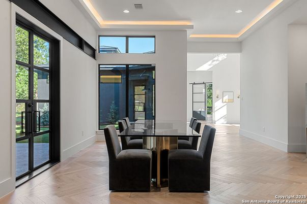 Dining room, Interior, Recessed Lighting, Wood Texture Flooring