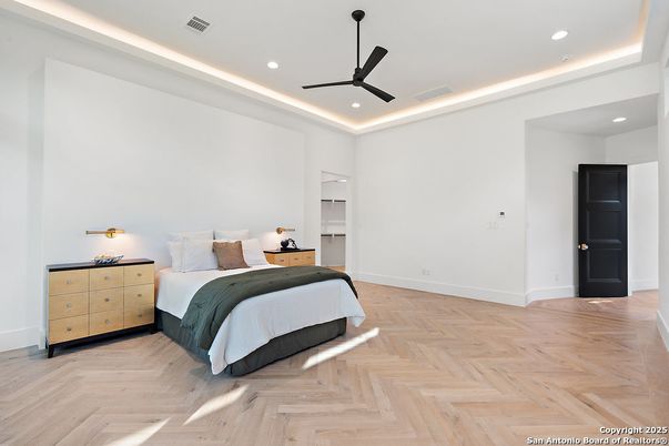 Bedroom, Interior, Recessed Lighting, Wood Texture Flooring