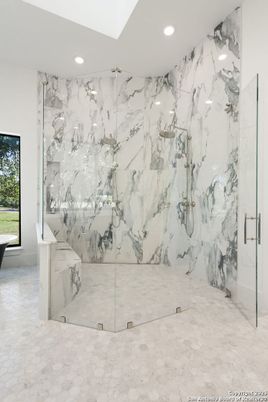 Bathroom, Glass Shower, Interior, Marble Walls, Recessed Lighting