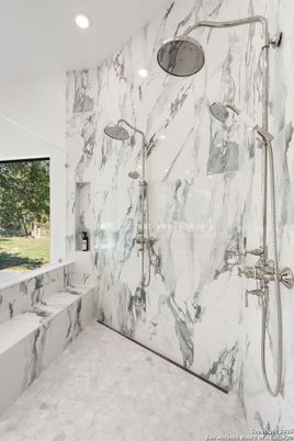 Bathroom, Glass Shower, Interior, Marble, Marble Walls, Recessed Lighting