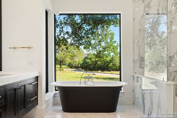 Bathroom, Free Standing Baths, Glass Shower, Interior, Marble Walls