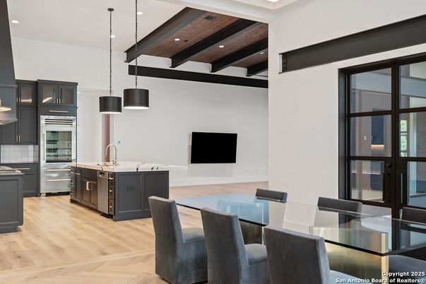 Dining room, Interior, Kitchen, Pendant Lights, Recessed Lighting, Stainless Steel Appliances, Wooden Beams, Wooden Ceilings, Wood Texture Flooring