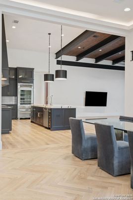 Interior, Kitchen, Pendant Lights, Recessed Lighting, Stainless Steel Appliances, Wooden Beams, Wooden Ceilings, Wood Texture Flooring