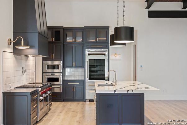 Interior, Kitchen, Pendant Lights, Stainless Steel Appliances, Wood Texture Flooring