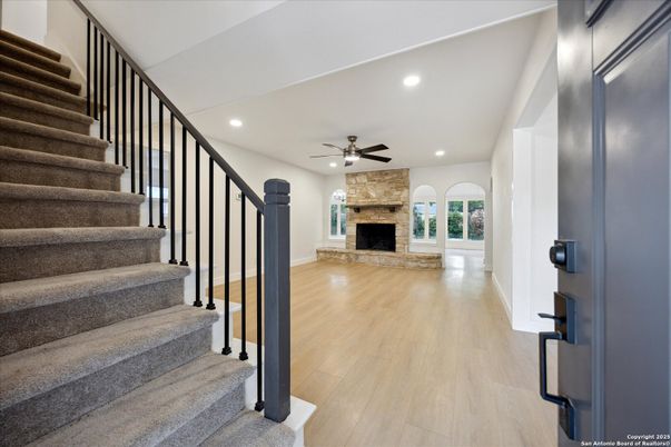 Fireplace, Interior, Recessed Lighting, Wood Texture Flooring