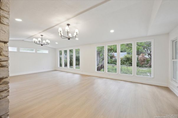 Chandelier, Empty room, Interior, Recessed Lighting, Wood Texture Flooring