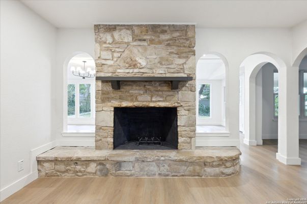 Chandelier, Fireplace, Interior, Stone Walls, Wood Texture Flooring