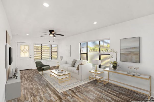 Interior, Living room, Recessed Lighting, Wood Texture Flooring