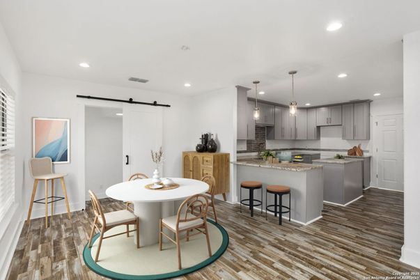 Dining room, Interior, Kitchen, Pendant Lights, Recessed Lighting, Wood Texture Flooring