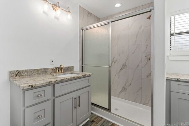 Bathroom, Glass Shower, Interior, Marble Walls, Recessed Lighting