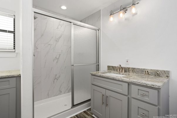 Bathroom, Glass Shower, Interior, Marble Walls, Recessed Lighting