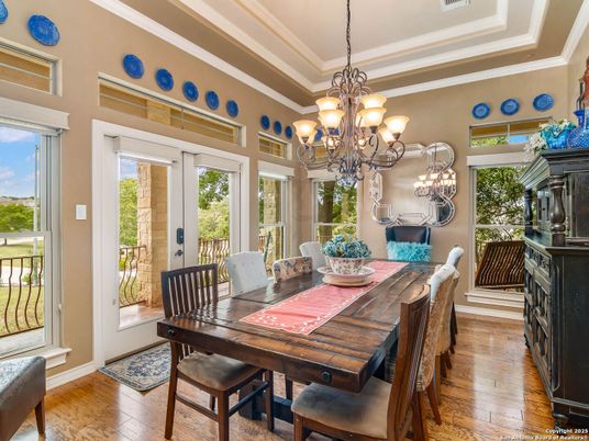 Chandelier, Dining room, Interior, Wood Texture Flooring