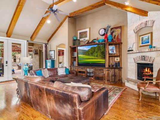Fireplace, Interior, Living room, Recessed Lighting, Stone Walls, Wooden Beams, Wood Texture Flooring